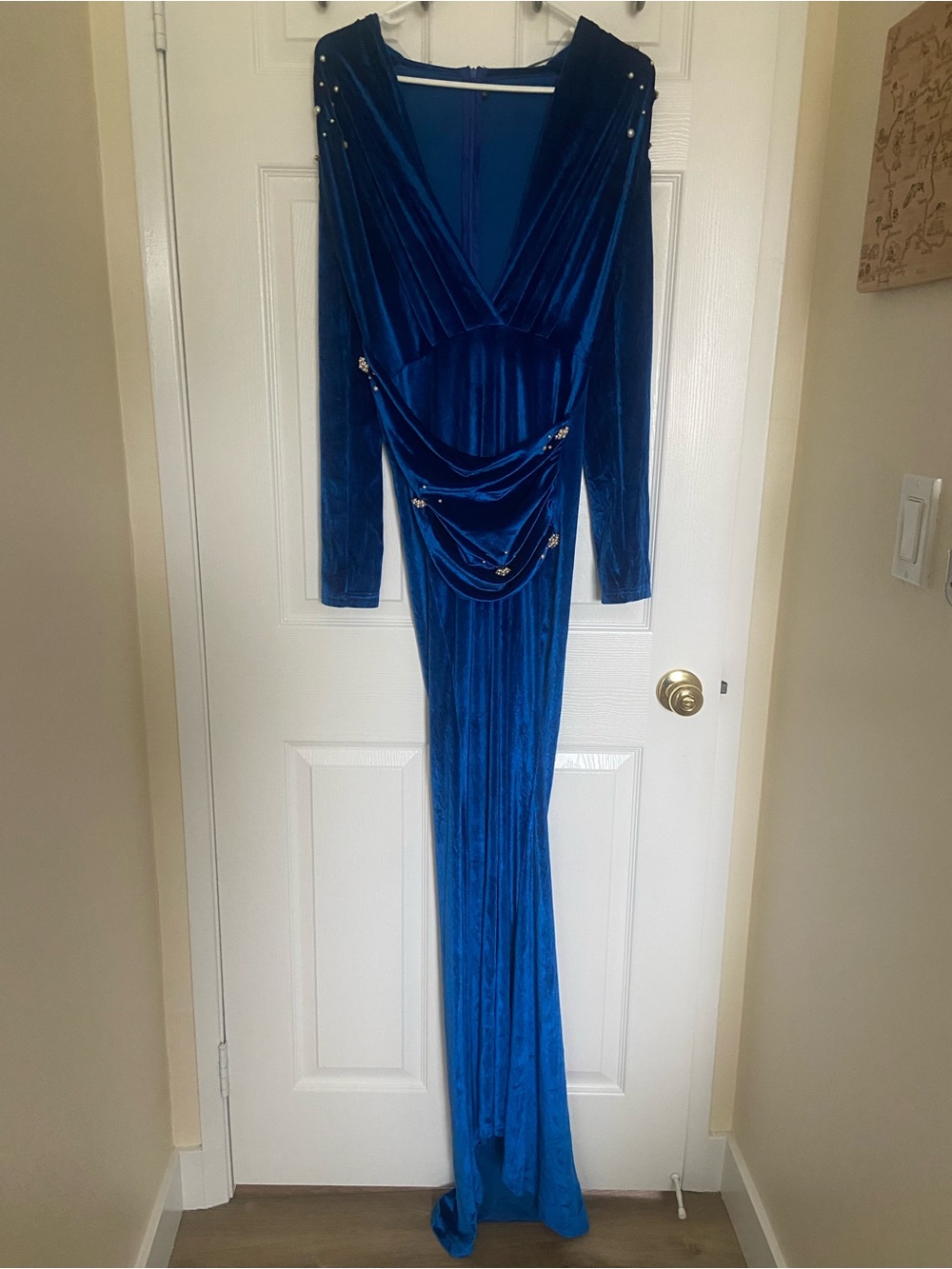 Blue Velvet Long Sleeve Draped Evening Gown